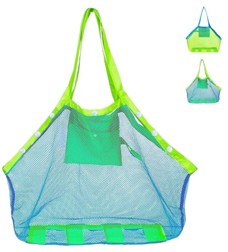 Sumneo Strandtasche XXL Groß Faltbar, Tragetasche für Sandspielzeug & Wasserspielzeug, Aufräumbeutel für Kinder, Leichte Badetasche für Strand, Schwimmbad, Urlaub mit Familie (Blau, Mesh Netz) (Blau)
