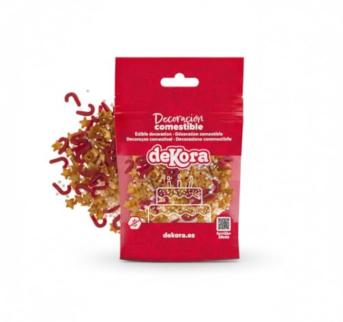 dekora – Sprinkle Mix Étoiles Dorées et Sucre d’Orge Rouges 100g – Décoration Comestible pour Gâteaux et Cupcakes de Noël – Sans Gluten, Sans Lactose