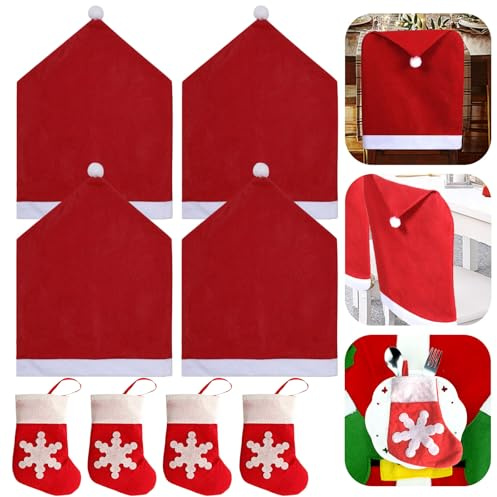SSKHE - Coprisedie natalizie di Babbo Natale con porta posate per tavolo da pranzo, confezione da 8 fodere per schienale di sedie in tessuto, calze natalizie, porta coltelli e forchette, forniture per