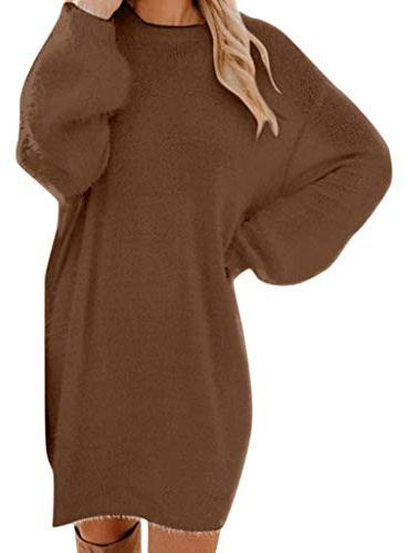 Vestito Maglione Donna Elegante in Lana Cotone Mista Collo Rotondo e Maniche Lunghe Abito Maglia Termica Invernale Curvy Vestiti Casual al Ginocchio Autunno per Lavoro Cerimonia Case,Marrone,XXL
