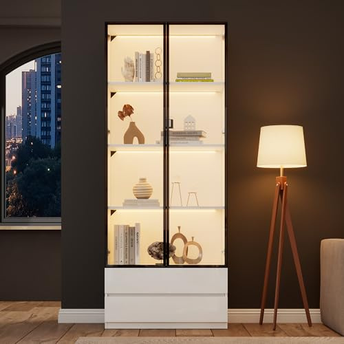 80*34*200 cm Vittrin, Högskåp med LED-lampor, Vardagsrumsbjällskåp med 2 dörrar, Vittrinsskåp med 2 lådor, Förvaringshyllor, Bokhyllor, Displayhyllor, Aluminiumram, Vit