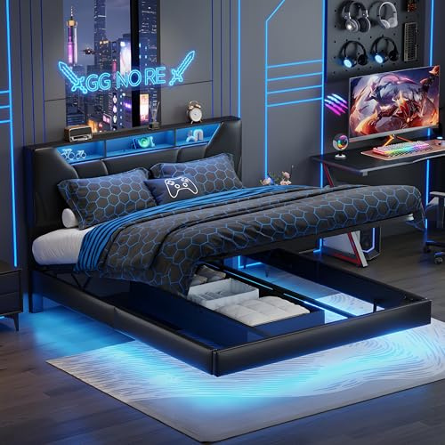 QLTXYHML Lit 160x200 avec Sommier, Lit Coffre avec éclairage LED et Ports USB/Type-C, Tête de lit avec étagère, Design Flottant avec Rangement Hydraulique (Noir, 160x200 cm)