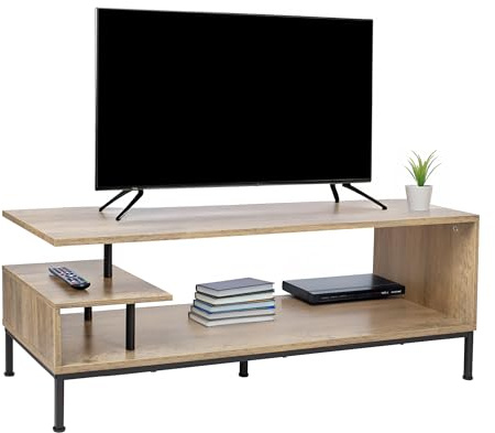 Relaxdays TV-Lowboard, 3 Ablagen, offenes TV-Regal bis 55 Zoll, HBT: 40 x 106 x 39,5 cm, Fernsehtisch, Natur/schwarz