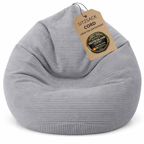 BuBiBag Premium Sitzsack Cord XXL – Fertig befüllt & Oeko-Tex Zertifiziert – Kratzfester Breitcord Gaming Sessel – Robuster Bean Bag für Kinder & Erwachsene – Pflegeleicht (Dovegrau 120x95cm)
