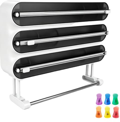 4-in-1 Küchenrollenhalter Küche, Frischhaltefolienspender und Alufolie Folienspender mit Cutter, ohne Bohren & Wand & magnetische Rückwand, Wandrollenhalter Küche mit Verschlussclips (Schwarz)