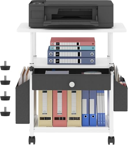 Druckertisch mit Rollen, Mobiler Druckerständer Schreibtisch mit Stoffschublade, Druckerwagen für den Schreibtisc, Home Office Druckerhalter Büro Druckerwagen Drucker Regal, Printer Stand (3 Reifen)