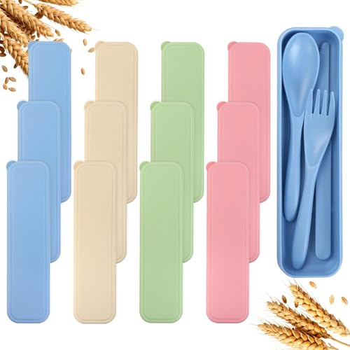DIYJEP 12 Sets Travel Cutlery Set Case, Portable Utensils(4 Colours) | Plastic, Lightweight Durable. Includes Spoon Fork Knife. Reusable for Picnic School Office Outdoor