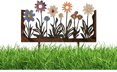 Zueyen Decorazioni da Giardino in Metallo Arrugginito per Cortile e Balcone, Paletto Decorativo Vintage con Motivo Floreale, Decorazione Effetto Ruggine per Vasi e Aiuole, 21,5x30 cm