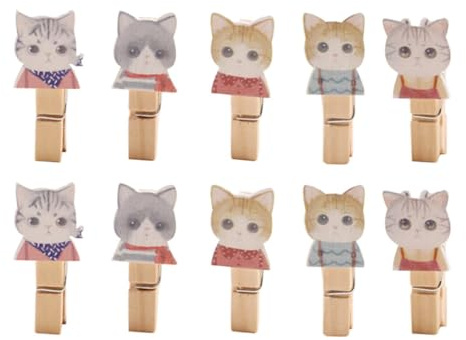 iplusmile Mini Mollette Set da 10 Pezzi a Forma di Gatto in Legno Naturale con Corda 1,2 M, Clip Decorative per Foto e Note, Fermagli Piccoli per Decorazioni Casa e Collage Appesi
