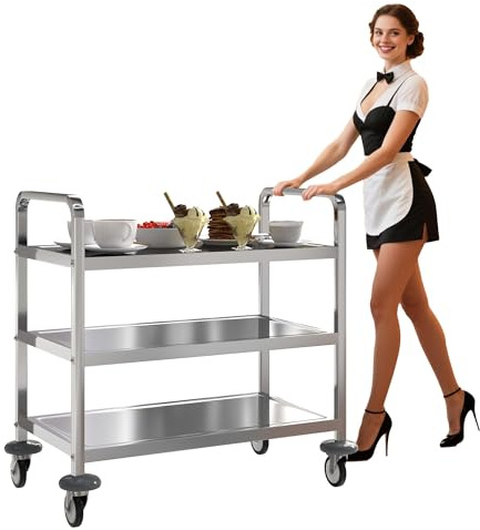 uyoyous 3 Tier Stainless Steel Utility Cart, 360° Rotation Wheels & 400 lbs Capacity, Commercial Serving Cart Heavy Duty Rolling Cart for Kitchen Hotel Restaurant Home, 30 L x 16 W x 33 H