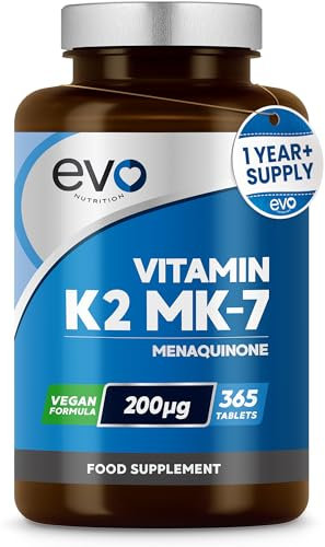 EVO NUTRITION Vitamin K2 MK-7 200mcg | 365 Vegetarian and Vegan Tablets (not Capsules) | 1-A-Day | Supports Maintenance of Normal Bones | One Years Supply of High Strength Vitamin K2 Menaquinone MK7