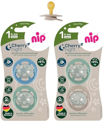 NIP Cherry Rundsauger Schnuller NIGHT 0-6 Monate, Leuchtschnuller, ab Geburt 0+ Monate, leuchtet im Dunkeln
