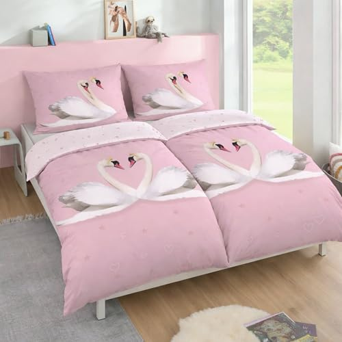 Familando – Schwan Partner Bettwäsche-Set (4-teilig) – 2X Decken- & 2X Kissenbezug 135x200 cm & 80x80 cm mit Reißverschluss – 100% Baumwolle – Swan in Love – Öko-TEX Zertifiziert