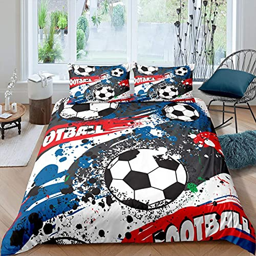 ZZXHG Funda Nordica 220 x 240 FúTbol Azul Rojo Funda de Edredón Cama 150 para NiñOs Adultos, Juego de Ropa de Cama de Suave Microfibra con Cremallera y 2 Funda de Almohada 50x75 cm
