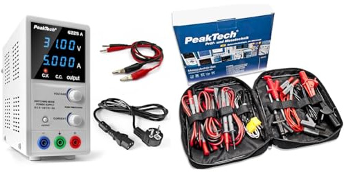 PeakTech 6225 A – Labornetzteil 0-30V / 0-5A, Regelbar, Labornetzgerät DC mit 4-stelliger LED-Anzeige & Peak Tech P 8200 – Messzubehör Set für Digital Multimeter, Prüfkabel Set 14-teilig inkl. Tasche