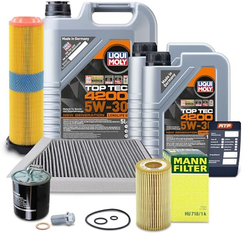 BESTPRICE Inspektionspaket Filterset 1x Ölfilter, 1x Luftfilter, 1x Innenraumfilter, 1x Kraftstofffilter, 1x Motoröl 5W-30 Top Tec 4200 7 l, Kompatibel mit MERCEDES E-Klasse (W211)(VF211)(S211)