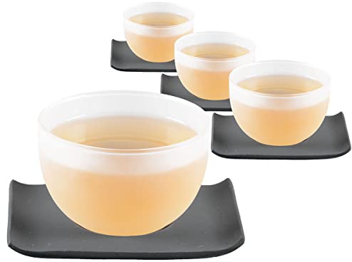 tea4chill 4 x Teetasse Glas mit Untertasse aus Gusseisen in schwarz, 120ml gefrostet. Traditionelles asiatisches Set Teebecher Glas mit Untertasse. Ideal Ergänzung für Gusseisen Teekanne.