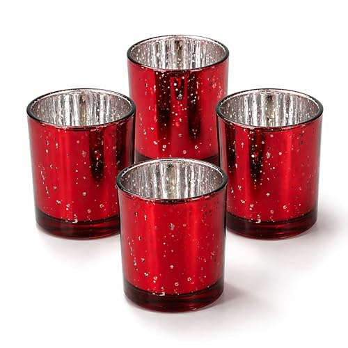 Teelichtgläser 6 x 7,2 cm in Zylinderform 4er Set - runde Windlichtglas - Teelichthalter für Teelichter bis 38 mm - Kerzengläser für kleine Kerzen bis Ø 4 cm - Windlichter Rot metallic