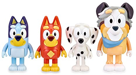 Bluey - Pack 4 Figuras School, muñecos articulados de los Personajes compañeros del Cole, Juguete de la Serie de Dibujos Animados Infantil, con Rusty, Chloe y Calypso, Famosa (BLY09300)