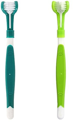 2 Stück Langem Griff Hundezahnbürste,360 Grad Katzen Zahnbürste Weiches Haustier Katze Zahnpflege Hund Mundhygiene Deep Clean Haustier Zähne Reinigungsset,Dreifach-Kopf-Zahnbürste, Mundpflege