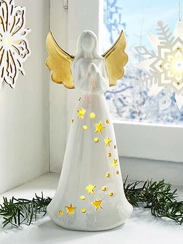 Dekoleidenschaft LED Dekofigur Engel Goldflügel aus Porzellan, weiß/Gold, 25 cm hoch, Weihnachtsdeko, Engelfigur für Weihnachten, Weihnachtsfigur