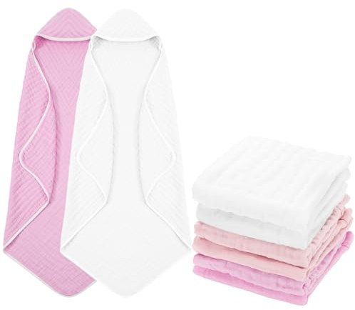 Peryiter Set di 8 asciugamani da bagno in mussola con cappuccio e panno per il lavaggio, in morbida garza di cotone per bambini, salviette assorbenti, asciugamani per il viso o per il viso per ragazze