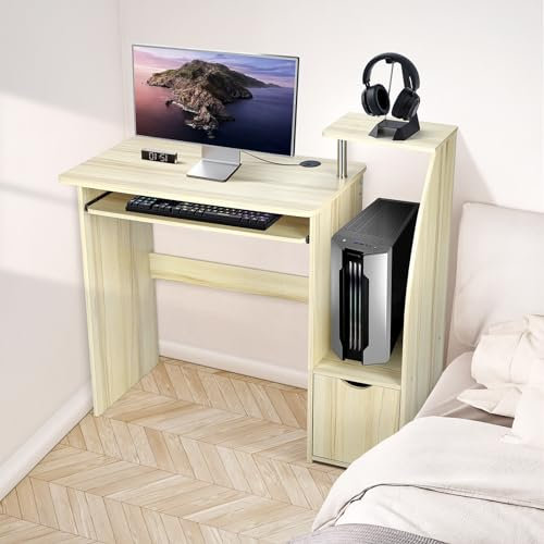 Trintion Computer Desk, Study Writing Small Desks with Drawer Sliding Storage Shelf Keyboard Tray, Gaming Desks for Home Bedroom Office Table Workstations,Oak 80x85x40cm