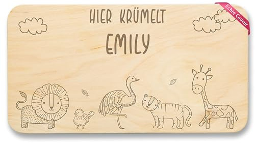 Frühstücksbrettchen Holz Natur - Tiere - Hier krümelt I Löwe I Strauß I Tiger I Giraffe I Afrika I Tier Motive Kinder mit Name - 22x12 - Holz - kinderbrettchen tierliebhaber frühstücksbrett