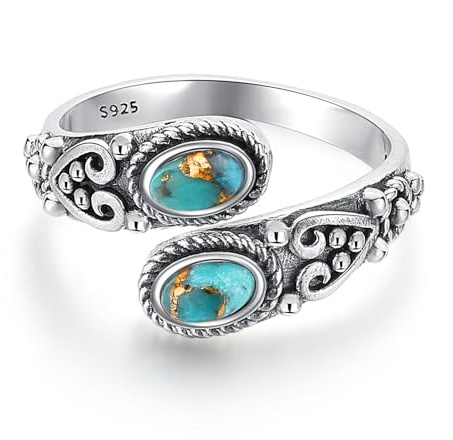 BONLAVIE Doppelstein Türkis Ring, Vintage Heart Vine Ring Damen, Silberringe Damen 925, Offener Ringe Silber 925, Verstellbarer Ringe, Einstellbare Größe 52(16.6)-57(18.1)