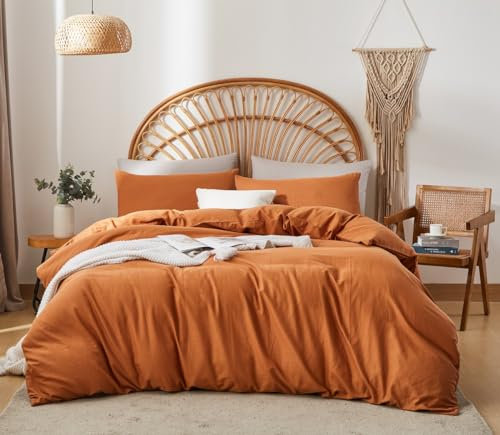 Sedefen Doppelte Musselin Bettwäsche 155x220 cm Baumwolle Leinen Karamell Bettwäsche Set 2tlg,1 Bettbezug mit Reißverschluss und 1 Kissenbezug 80x80cm,85% Baumwolle und 15% Leinen Bettwäsche