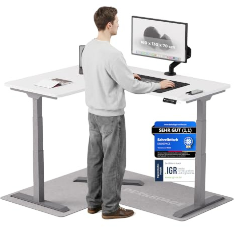 DESKSPACE Corner Eckschreibtisch höhenverstellbar (elektrisch) | Kollisionsschutz und Memory-Funktion, 10 Jahre Gewährleistung, (Graues Gestell, Weiße Tischplatte, 160 x 130 x 70 cm)