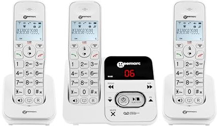 Geemarc Amplidect 295 Trio - Pack Trio de Téléphones Fixes sans Fil - Une Base DECT avec 3 Combinés - Accès Direct au Répondeur - Adapté aux Séniors - Perte Auditive Faible ou Moyenne - Version FR