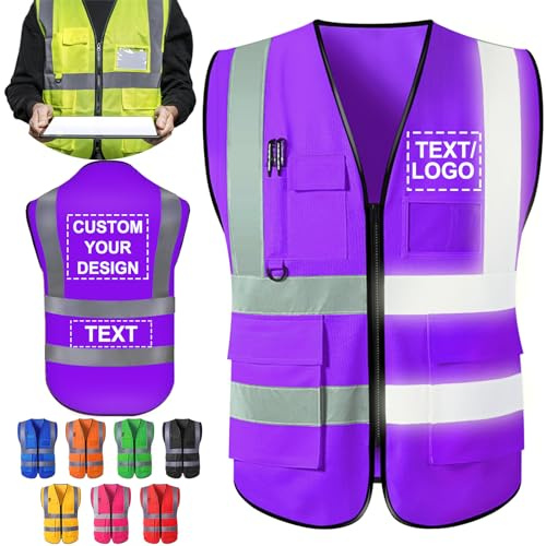 ShAxzHen Sicherheitsweste für Herren und Damen, mit Logotaschen, personalisierbar, hohe Sichtbarkeit, schützende Arbeitskleidung mit reflektierenden Streifen, violett, S
