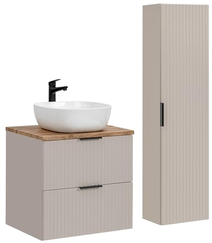 Lomadox Badezimmer Badmöbel Set mit 60cm Waschtisch, 2-teilig, in Kaschmir, mit Keramik-Waschbecken