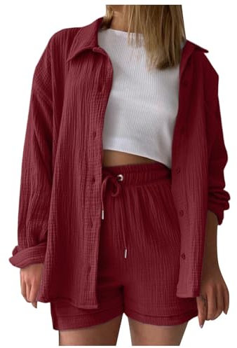 Damen Einfarbiges Frühlingsfalten-Langarmhemd Hohe Taille Kordelzug-Shorts Großes Mode-Freizeitset Schlafanzug S Damen Damen Schlafanzug 3/4 Hose