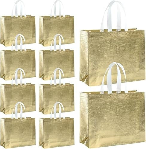 Lot de 40 sacs d'épicerie réutilisables avec poignées - Non tissés brillants - Pour anniversaire, mariage, demoiselle d'honneur, Noël (taille M, 28 x 30 cm), doré, Medium,11 x 12 Inch
