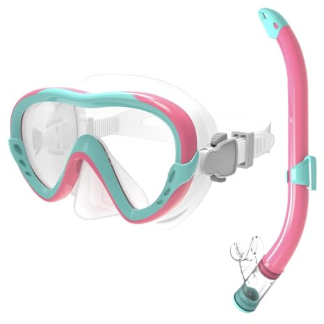 Snorkelset för barn – anti-läckage, anti-imma dykmask, torr snorkel silikonmaterial – snorklingsset för pojkar och flickor (färgglad korall – rosa/mynta)