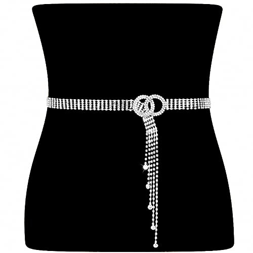 VONMELLI Cintura Donna con Strass Elegante Cintura Gioiello Moda Cristallo Cinture a Catena in Metallo con Diamanti O-Ring Regolabile Cinture Sottile in Vita Alta per Vestito Argento Jeans Argento L