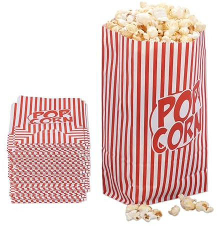 Relaxdays Popcorntüten, 100er Set, gestreift, Retro-Optik, Kino, Filmabend Zubehör, Papier, Popcornbehälter, rot/weiß