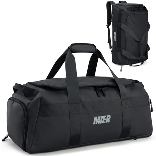 MIER Turnbeutel Duffle Bags mit Schuhfach, wandelbare Reisetasche Weekender Übernachtungstasche für Sport, Schwarz, Sportlich