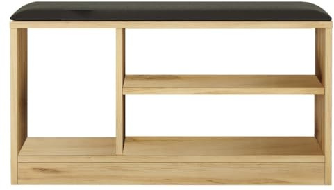 HowHomely Skobänk med säte | Skoskåp med sittbänk och öppna hyllor | skobänk med förvaringsutrymme i naturlig träfärg | smal skohylla 46 x 90 x 36 cm för hall