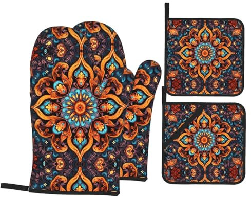 Mitaines De Cuisine Imprimé Couronne Élégante Antidérapant Kitchen Mittens Professionnel Maniques Cuisine pour Femmes Cuisson Grillade,4 Pièces