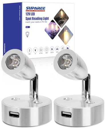 SUPAREE 12 Volt LED Lampen Wohnmobil 12V LED Lampe Wohnmobil Dimmbar 12v leselampe wohnmobil mit USB Ladeanschluss 3200K Touch Schalter für Wohnwagen Camper Boot Yacht 2 Stück