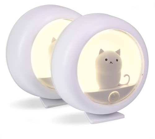 Attivolife Cat Motion Sensor Night Light, Cute Cat Magnetic LED Rechargeable Lamp with Dimmable, Portable Room Bedroom Bathroom Kitchen Wardrobe Stair Locker Wall Decor Lamp for Kid Teen(White x 2)