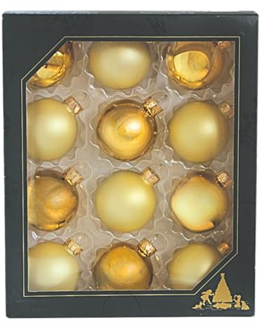 Lauschaer Christbaumschmuck - 12er Set Kugeln, Weihnachtsbaumkugeln Lauscha, Tannenbaumkugeln, Christbaumkugeln,Glas Kugeln aus Lauscha, Gold - Glanz/Satin, mit goldenen Krönchen, 5cm.