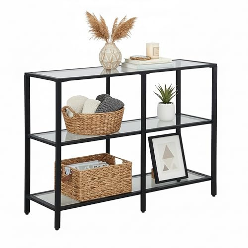 Relaxdays Konsolentisch, HxBxT: 73 x 100 x 30 cm, Metall, Glas, schmale Konsole Flur, Flurtisch mit 3 Ablagen, schwarz
