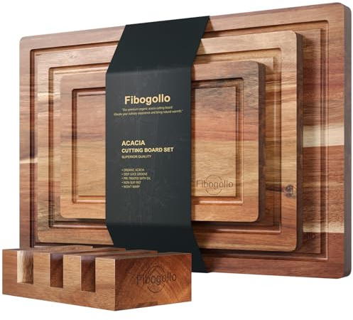 Fibogollo 3er Set Akazienholz Schneidebretter,Schneidebrett Küche mit Saftrille,Holzbrett Küche mit Bracket,Brotbretter und Servierbretter,Bretter Kuche Groß Mittel und Klein