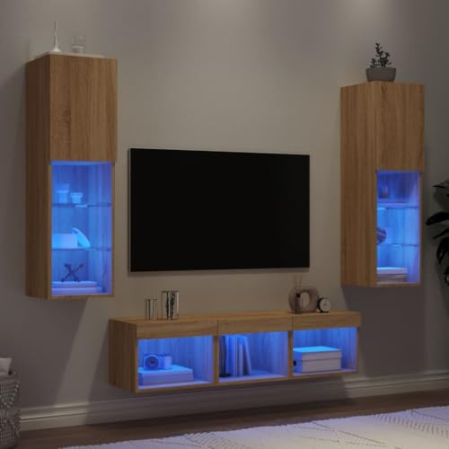 Ziaphsol Lot de 5 meubles de salon en chêne Sonoma en bois avec éclairage LED RVB - Ensemble de meubles TV - Armoires suspendues - Centre de divertissement moderne pour salon, chambre à coucher