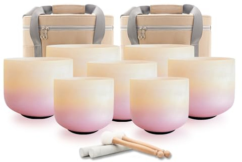 Hye-eun Sunset Kristall Klangschalen Set 432hz 7-12 Zoll | Quarz Crystal Singing Bowl Meditationsset für Energieheilung ,Tiefenentspannung,Yoga Sound Healing (inkl. Tragetaschen）