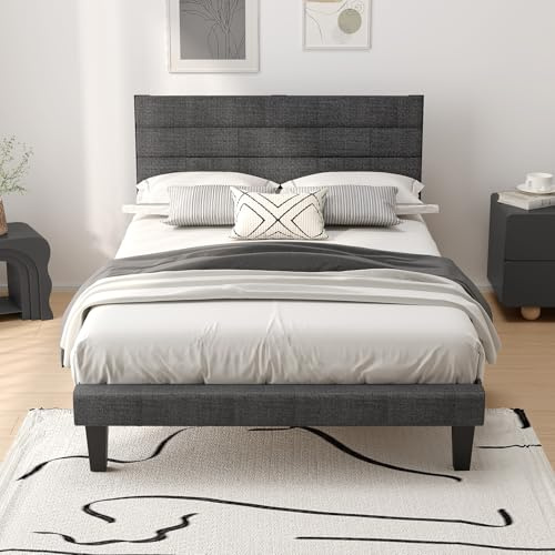 Bonnlo Polsterbett 90x200 cm mit verstellbarem Kopfteil, Bett 90x200 mit Lattenrost aus Holz, Leinenoptik(ohne Matratze)